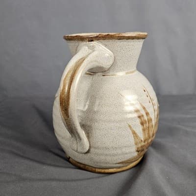 Stoneware Pottery Pitcher with Handle Hand Painted Leaves Tan with Brown USA - Thumbnail 5