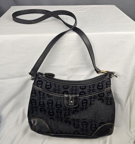 Etienne Aigner Vtg Signature Logo Print Handbag Purse Bag Bronze Black - Thumbnail 2