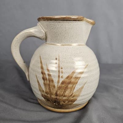 Stoneware Pottery Pitcher with Handle Hand Painted Leaves Tan with Brown USA - Thumbnail 3