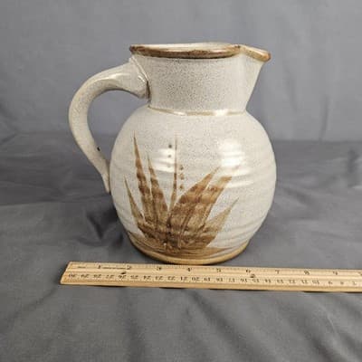 Stoneware Pottery Pitcher with Handle Hand Painted Leaves Tan with Brown USA - Thumbnail 11