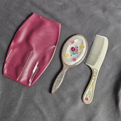 Vintage Child's Comb & Mirror Set in Case Floral Design Made in England 5" Long - Thumbnail 3