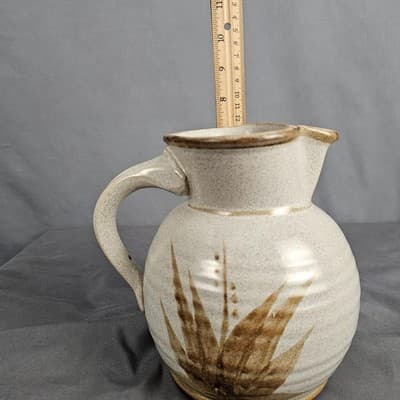 Stoneware Pottery Pitcher with Handle Hand Painted Leaves Tan with Brown USA - Thumbnail 10