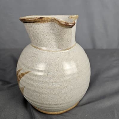 Stoneware Pottery Pitcher with Handle Hand Painted Leaves Tan with Brown USA - Thumbnail 6