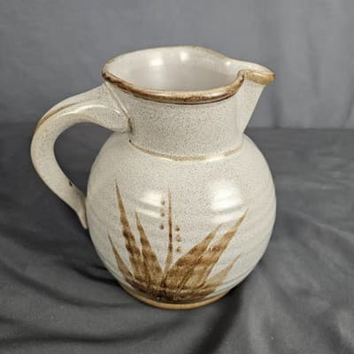 Stoneware Pottery Pitcher with Handle Hand Painted Leaves Tan with Brown USA - Thumbnail 4