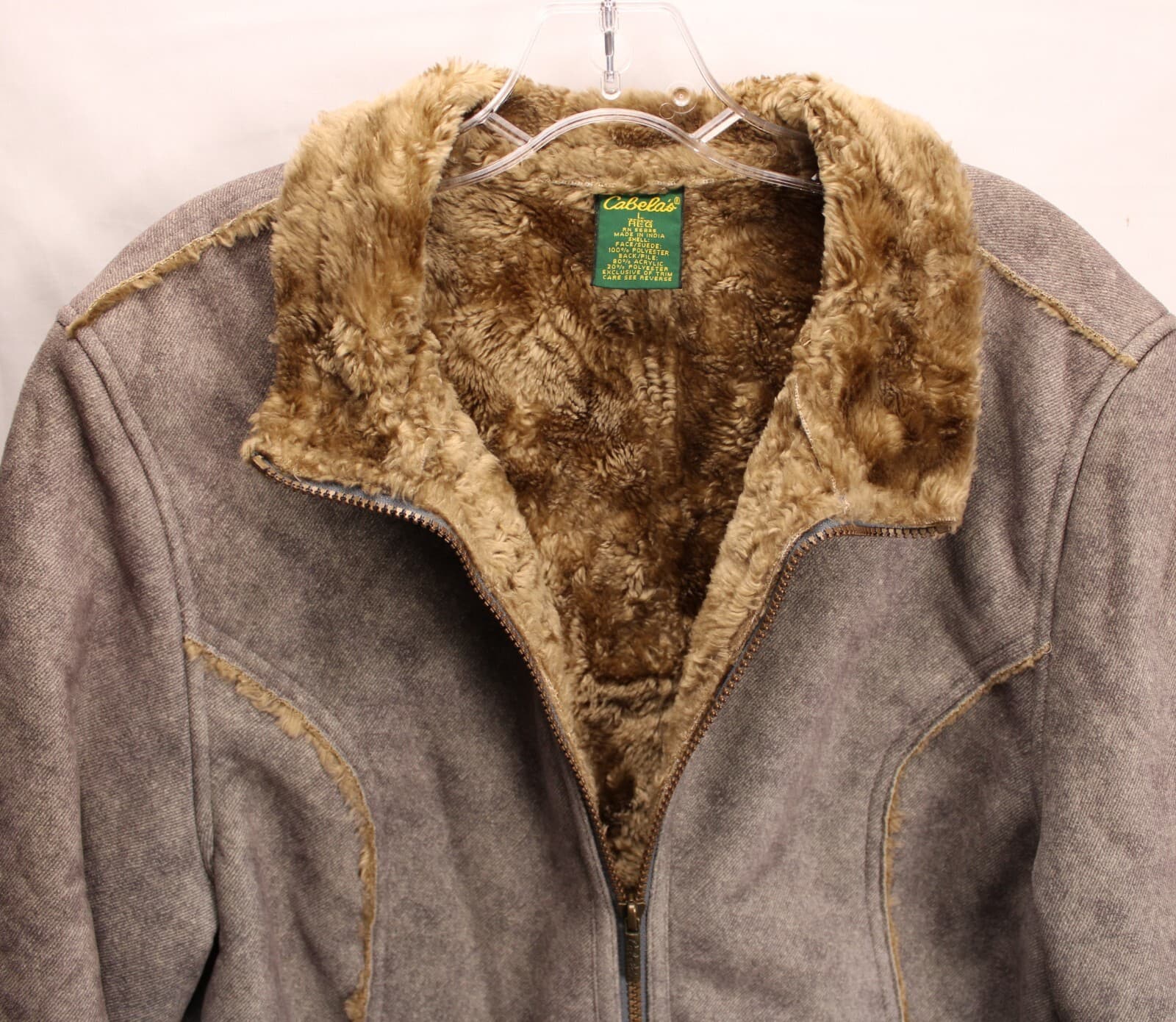 Cabela's Womens Sz Large Jacket Faux Suede Gray Winter Coat Lined Zipper Fur - Thumbnail 2