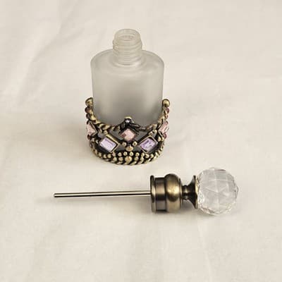 Vintage Perfume Bottle Crystal Glass Top Gold Tone Rhinestones Frosted Glass - Thumbnail 6