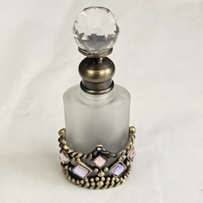 Vintage Perfume Bottle Crystal Glass Top Gold Tone Rhinestones Frosted Glass - Thumbnail 4