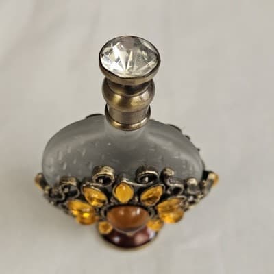 Vintage Perfume Bottle Crystal Glass Top Gold Tone Rhinestones Frosted Glass - Thumbnail 3