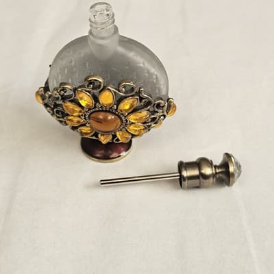 Vintage Perfume Bottle Crystal Glass Top Gold Tone Rhinestones Frosted Glass - Thumbnail 5