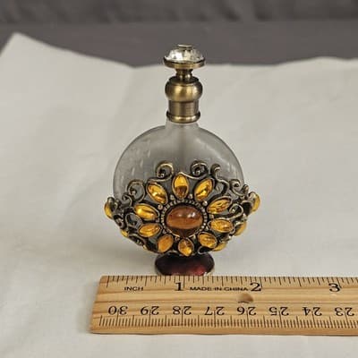 Vintage Perfume Bottle Crystal Glass Top Gold Tone Rhinestones Frosted Glass - Thumbnail 6