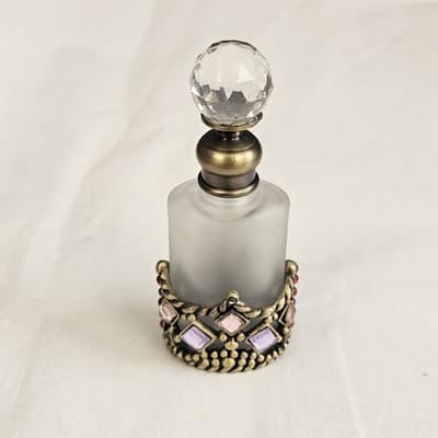 Vintage Perfume Bottle Crystal Glass Top Gold Tone Rhinestones Frosted Glass - Thumbnail 2