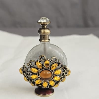 Vintage Perfume Bottle Crystal Glass Top Gold Tone Rhinestones Frosted Glass - Thumbnail 4