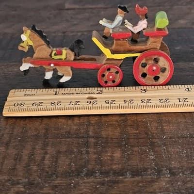 Vintage Handmade Wooden Miniature Horse & Carriage Figure Japan Free Shipping - Thumbnail 3
