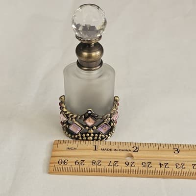 Vintage Perfume Bottle Crystal Glass Top Gold Tone Rhinestones Frosted Glass - Thumbnail 7