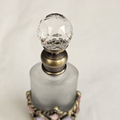 Vintage Perfume Bottle Crystal Glass Top Gold Tone Rhinestones Frosted Glass - Thumbnail 3