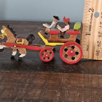 Vintage Handmade Wooden Miniature Horse & Carriage Figure Japan Free Shipping - Thumbnail 5