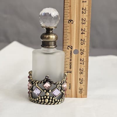 Vintage Perfume Bottle Crystal Glass Top Gold Tone Rhinestones Frosted Glass - Thumbnail 8