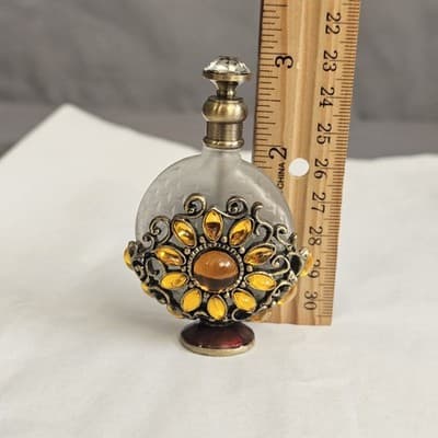 Vintage Perfume Bottle Crystal Glass Top Gold Tone Rhinestones Frosted Glass - Thumbnail 7