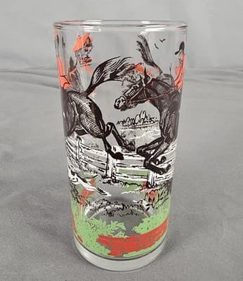 Hazel Atlas Tumbler Glass Hunt Scene Jump 16 oz Equestrian drinkware 6" H - Thumbnail 3