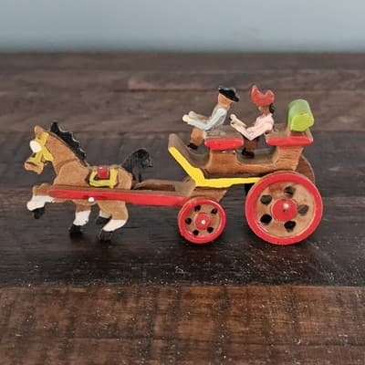 Vintage Handmade Wooden Miniature Horse & Carriage Figure Japan Free Shipping - Thumbnail 2