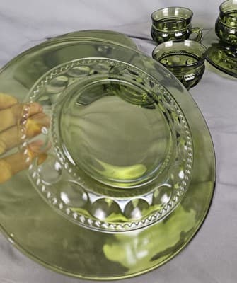 Indiana Glass Thumbprint Luncheon Snack Plate Mug Set For 4~Olive Avocado Green - Thumbnail 7