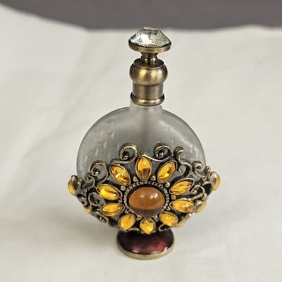 Vintage Perfume Bottle Crystal Glass Top Gold Tone Rhinestones Frosted Glass - Thumbnail 2