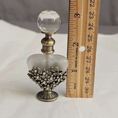 Vintage Perfume Bottle Crystal Glass Top Gold Tone Rhinestones Frosted Glass - Thumbnail 8