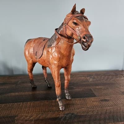 Vintage Handmade Leather Horse Figurine Statue Equestrian - Thumbnail 3