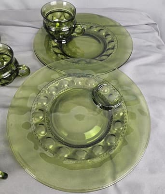 Indiana Glass Thumbprint Luncheon Snack Plate Mug Set For 4~Olive Avocado Green - Thumbnail 3