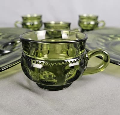 Indiana Glass Thumbprint Luncheon Snack Plate Mug Set For 4~Olive Avocado Green - Thumbnail 2