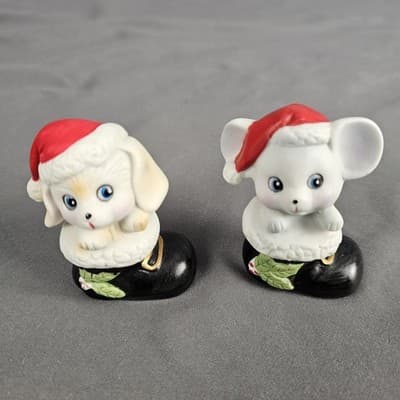 Vintage Homco 8903 Porcelain Christmas Puppy Mouse is a Shoe Figurines Set of 2 - Thumbnail 2