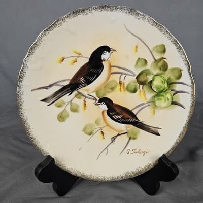 Hand Painted With Gold Trim Birds Plate/wall Hanging. 8” Across. Japan Enesco - Thumbnail 2