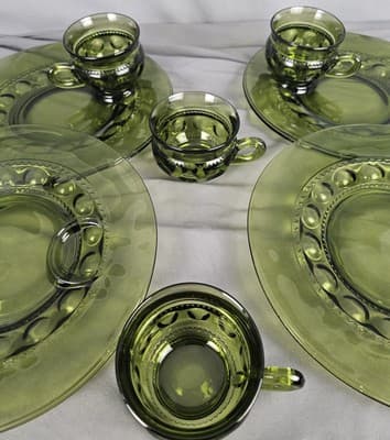 Indiana Glass Thumbprint Luncheon Snack Plate Mug Set For 4~Olive Avocado Green - Thumbnail 4