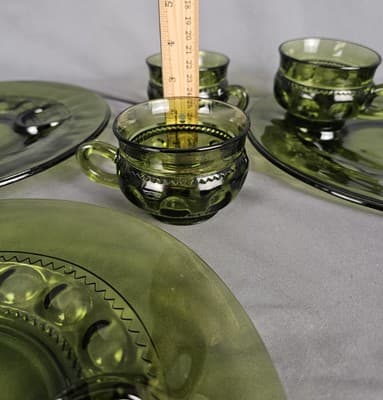 Indiana Glass Thumbprint Luncheon Snack Plate Mug Set For 4~Olive Avocado Green - Thumbnail 5