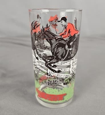 Hazel Atlas Tumbler Glass Hunt Scene Jump 16 oz Equestrian drinkware 6" H - Thumbnail 2
