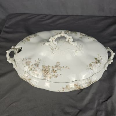 LS&S Carlsbad Large Tureen Soup & Lid Austria Pink Blue Florals Scalloped Vtg - Thumbnail 2