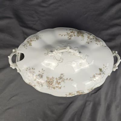 LS&S Carlsbad Large Tureen Soup & Lid Austria Pink Blue Florals Scalloped Vtg - Thumbnail 3