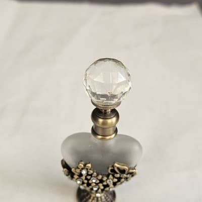 Vintage Perfume Bottle Crystal Glass Top Gold Tone Rhinestones Frosted Glass - Thumbnail 2