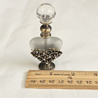 Vintage Perfume Bottle Crystal Glass Top Gold Tone Rhinestones Frosted Glass - Thumbnail 7