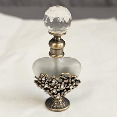 Vintage Perfume Bottle Crystal Glass Top Gold Tone Rhinestones Frosted Glass - Thumbnail 4