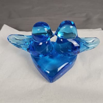 VTG Bluebirds of Happiness / Pair Love Birds Heart Art Glass Signed Ron Ray 1990 - Thumbnail 3