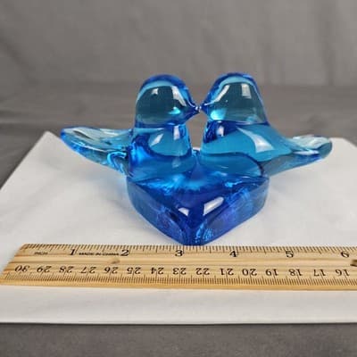 VTG Bluebirds of Happiness / Pair Love Birds Heart Art Glass Signed Ron Ray 1990 - Thumbnail 12