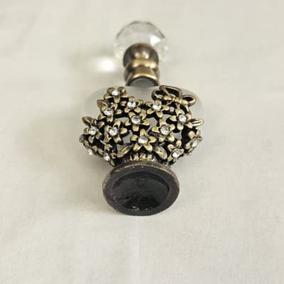 Vintage Perfume Bottle Crystal Glass Top Gold Tone Rhinestones Frosted Glass - Thumbnail 3
