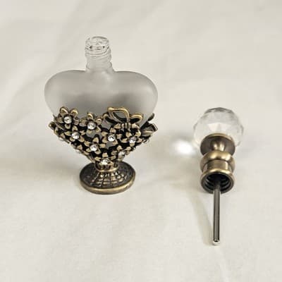 Vintage Perfume Bottle Crystal Glass Top Gold Tone Rhinestones Frosted Glass - Thumbnail 5