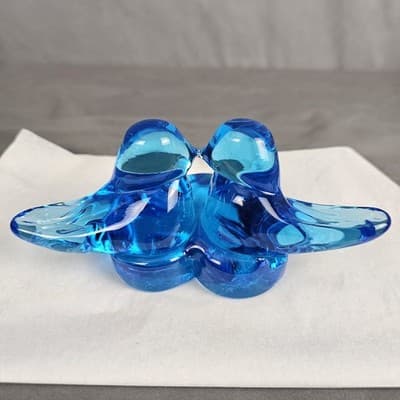 VTG Bluebirds of Happiness / Pair Love Birds Heart Art Glass Signed Ron Ray 1990 - Thumbnail 4
