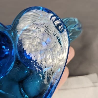 VTG Bluebirds of Happiness / Pair Love Birds Heart Art Glass Signed Ron Ray 1990 - Thumbnail 8