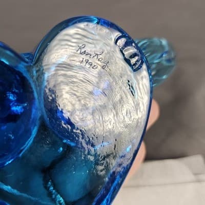 VTG Bluebirds of Happiness / Pair Love Birds Heart Art Glass Signed Ron Ray 1990 - Thumbnail 9