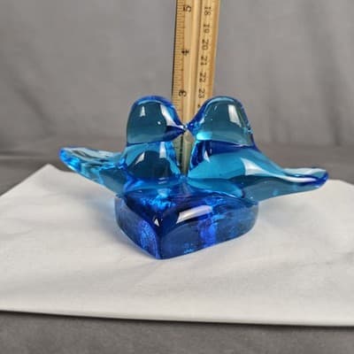 VTG Bluebirds of Happiness / Pair Love Birds Heart Art Glass Signed Ron Ray 1990 - Thumbnail 11
