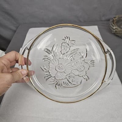 Vintage Pressed Glass Serving Plate Gold Trimmed Floral Glass w Handles - Thumbnail 2