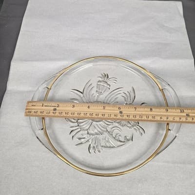 Vintage Pressed Glass Serving Plate Gold Trimmed Floral Glass w Handles - Thumbnail 4